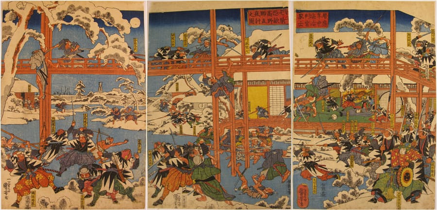 Kuniyoshi woodblock print triptych 47 ronin night attack T80