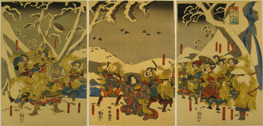 Kuniyoshi - Yoshitsune and his retainers at Mount Yoshino - triptych