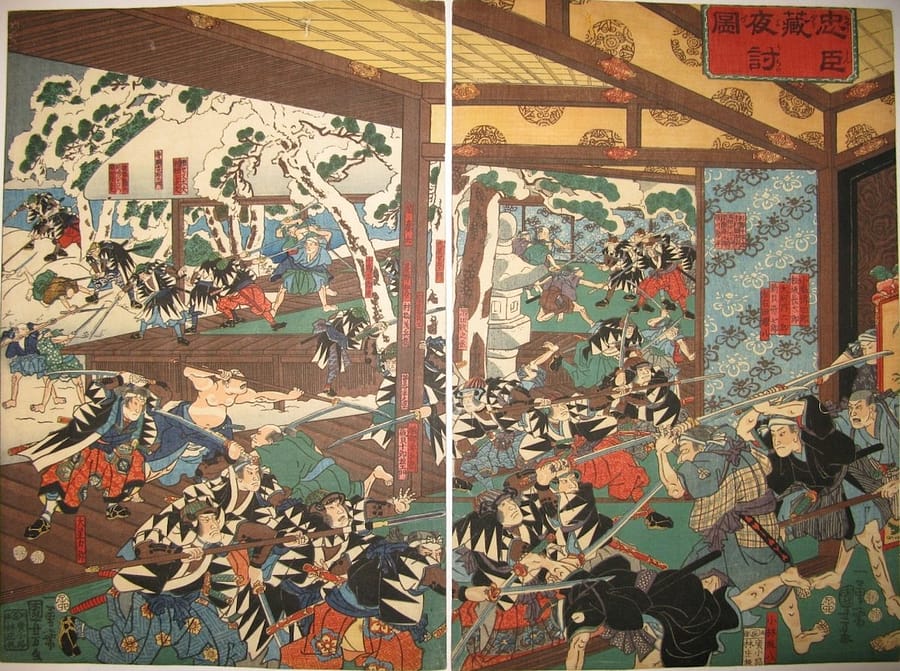 kuniyoshi woodblock print 47 ronin moronao hiding